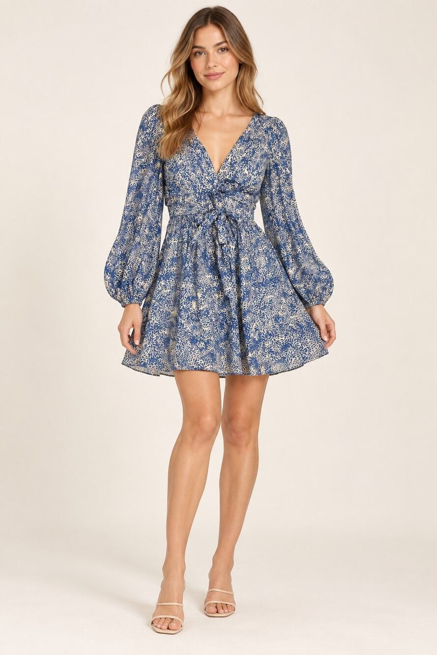 Amanda Uprichard Blue Cream Botanical Print Belted Mini Dress Size S